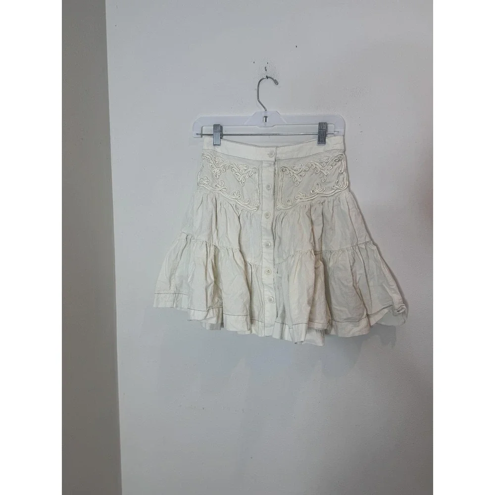 Free People Skirt Womens 0 White Cotton Peasant Embroidered Tiered Ruffle Mini